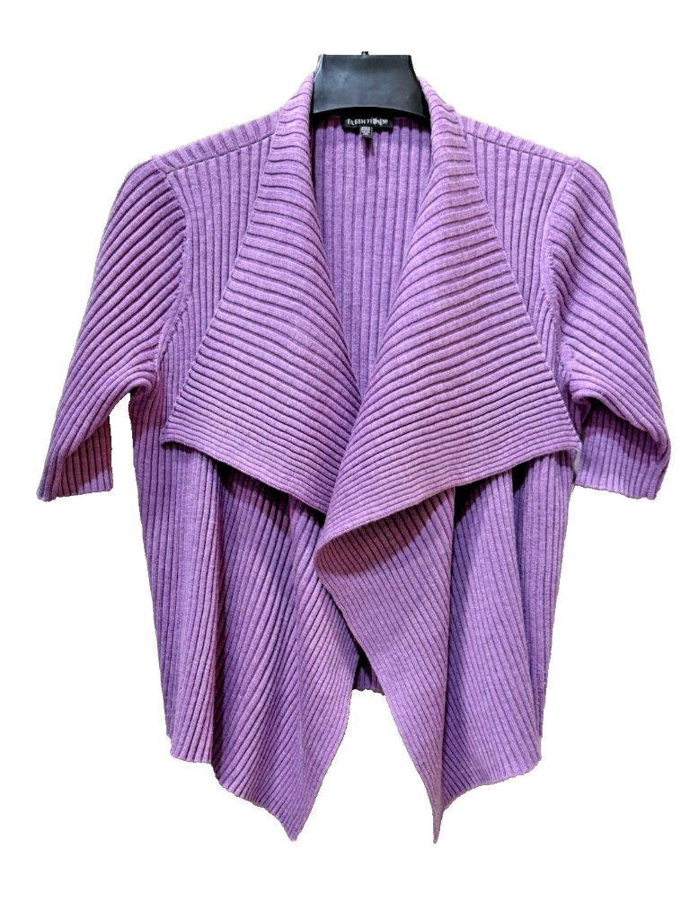 Eileen Fisher 100% Merino Wool Ribbed Waterfall Open Front Cardigan Purple Sz M